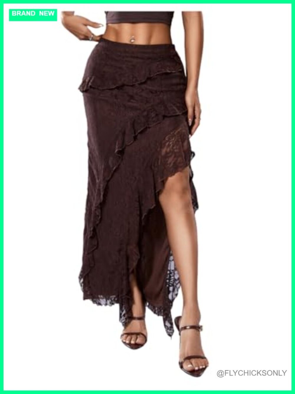 Lace Ruffle Trim High Waisted Split Hem Asymmetrical Maxi Skirt